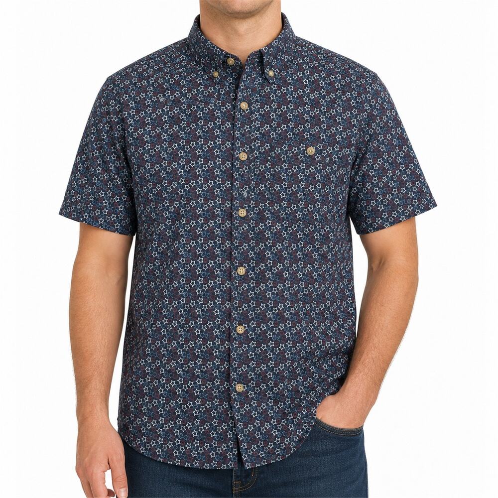 Duluth Trading Co Shirt Mens Medium Blue Red Star Print Button Up Casual Cotton